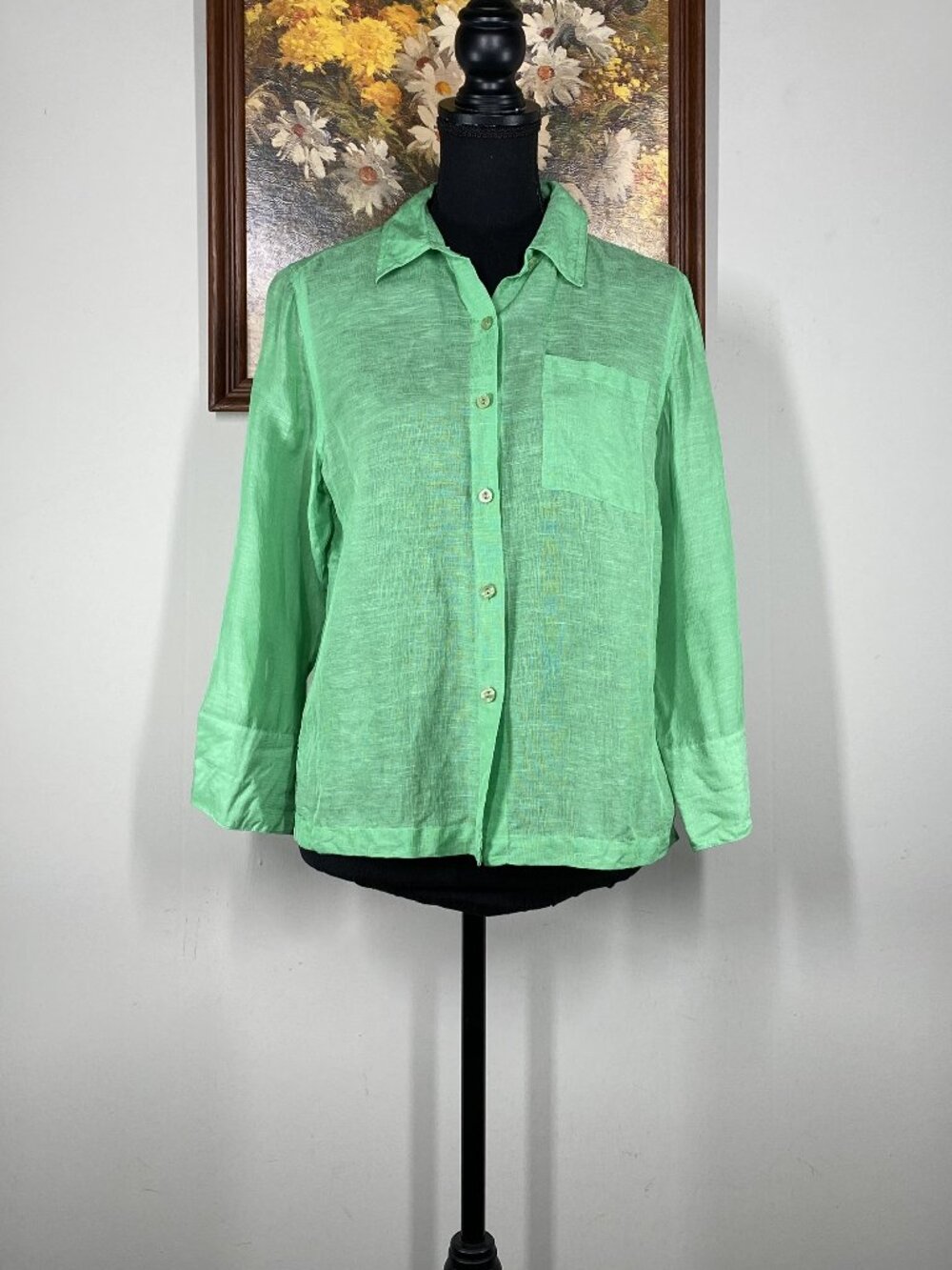 Coldwater Creek PETITE Linen Silk Button Up Blouse Top Women's PM Green Casual